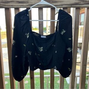 Whimsygoth Fairygrunge Dark Feminine Blouse Medium Black Floral Lightweight